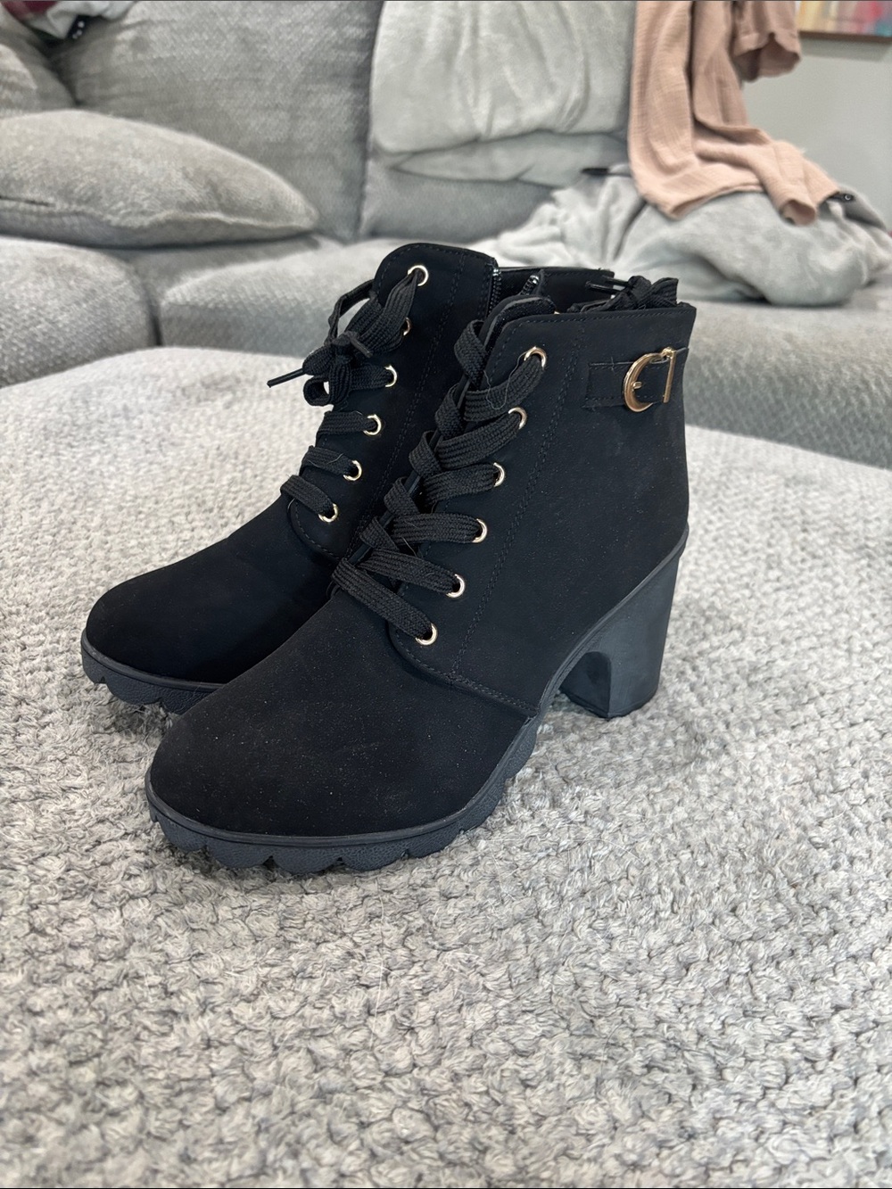 SHEIN Black Lace-Up Block Heel Ankle Boots with Buckle